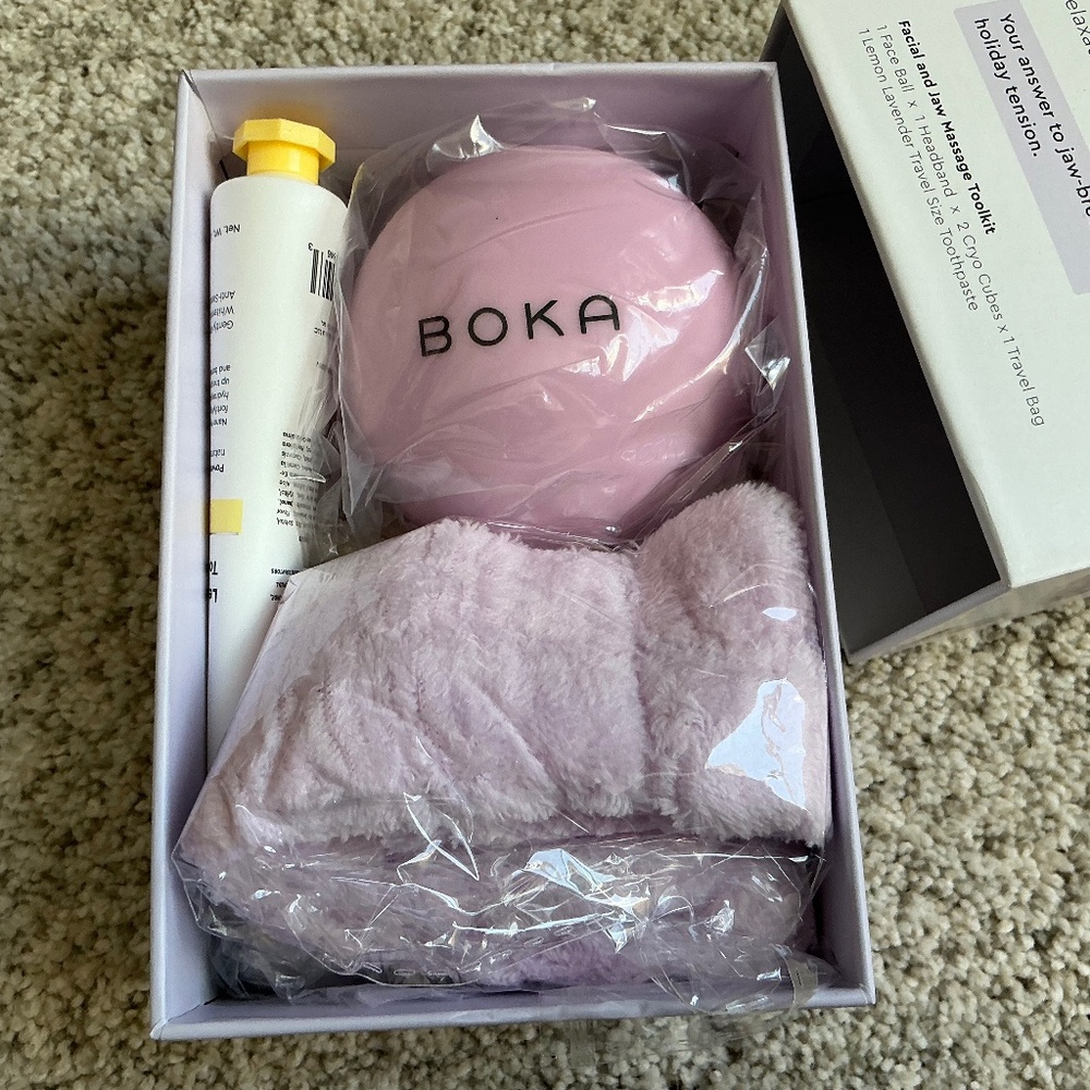 Boka JawSpa Facial Tension Kit w/Face Ball, 2 Cryo Cubes, Headband, Travel Bag,
